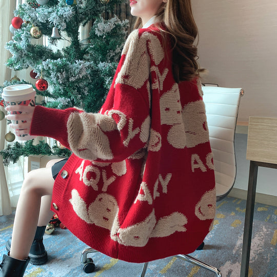 Damen oversized Strickjacke mit tierischem Design und Knopfverschluss EB