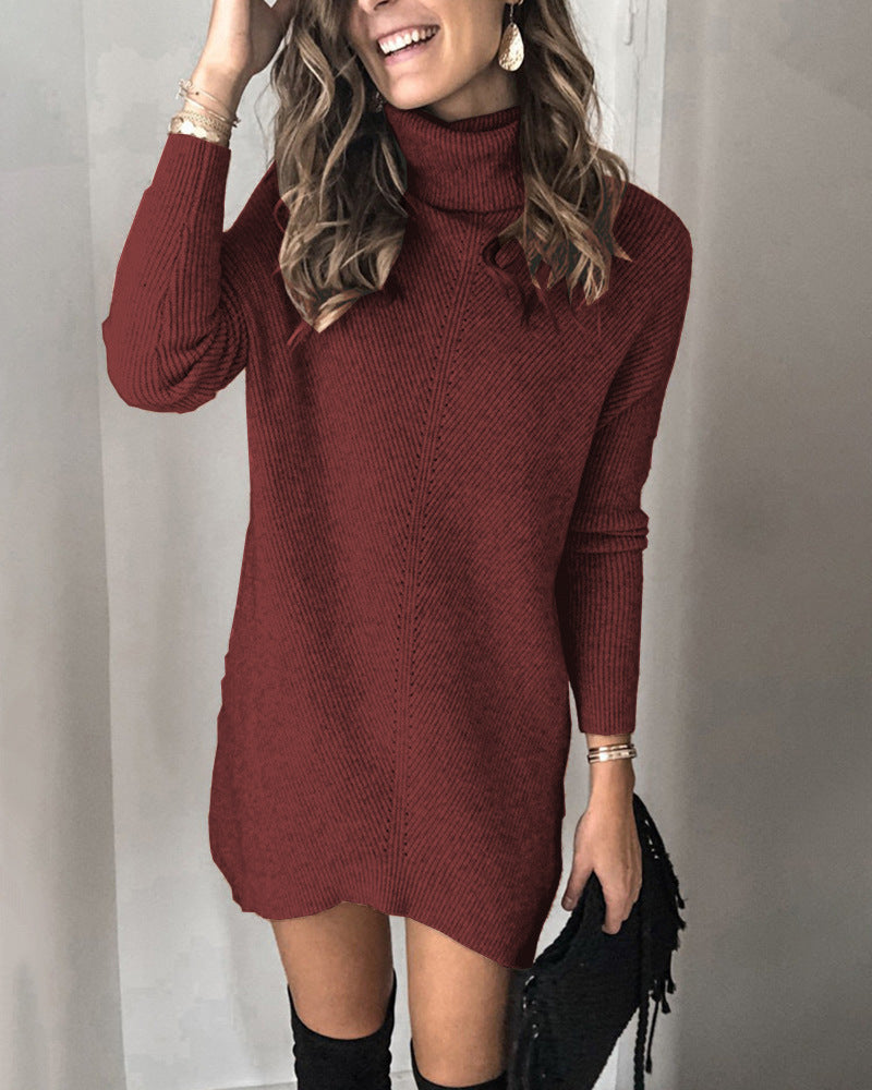 Damen Hobo-Sweaterkleid mit hohem Kragen und Rippstruktur EB