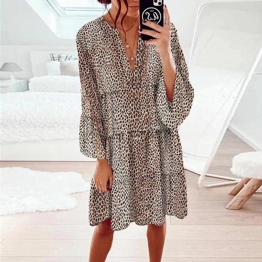 Damen lässiges Blusenkleid mit Volantärmeln und tierischem Muster EB