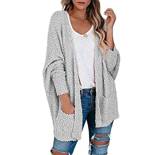 Damen gemütliche Strickjacke mit voluminösen Ärmeln und praktischen Taschen EB