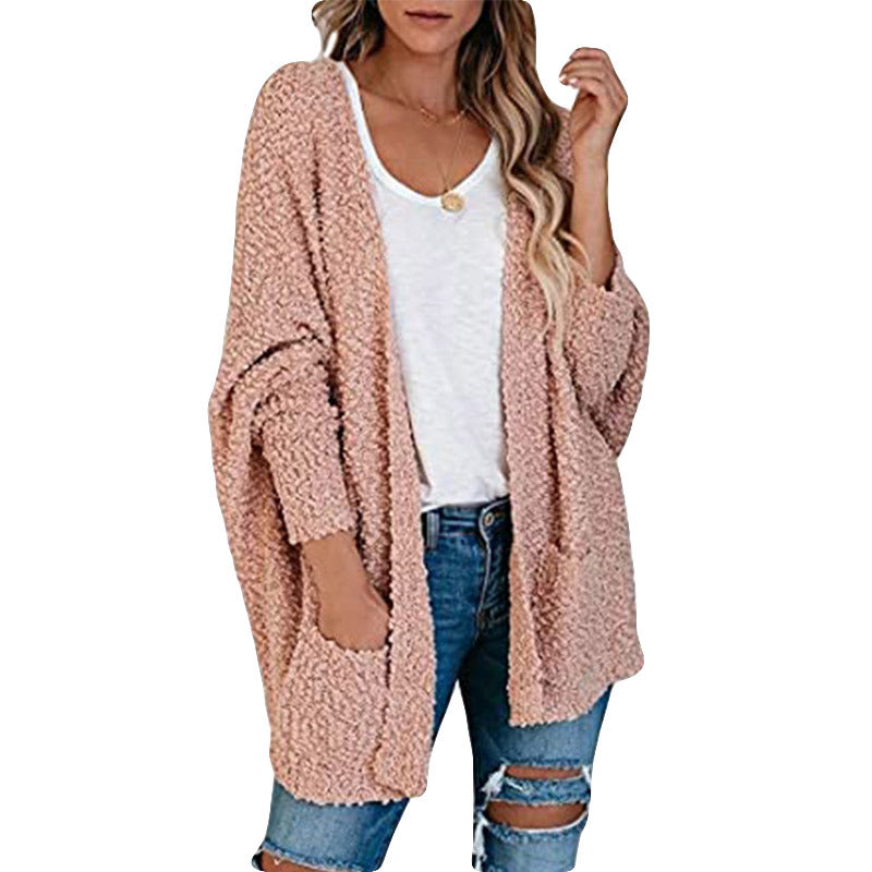 Damen gemütliche Strickjacke mit voluminösen Ärmeln und praktischen Taschen EB