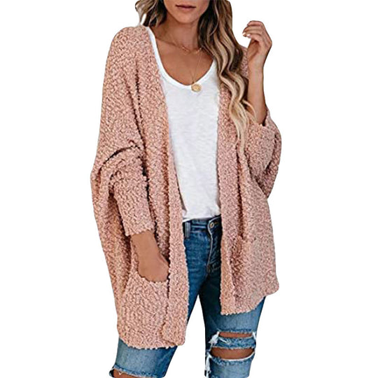 Damen gemütliche Strickjacke mit voluminösen Ärmeln und praktischen Taschen EB