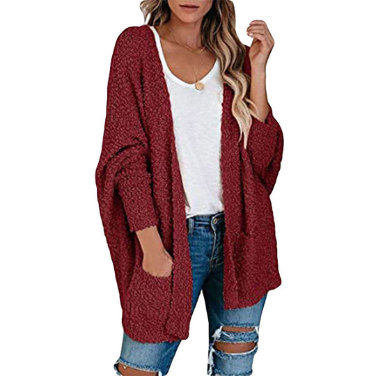 Damen gemütliche Strickjacke mit voluminösen Ärmeln und praktischen Taschen EB