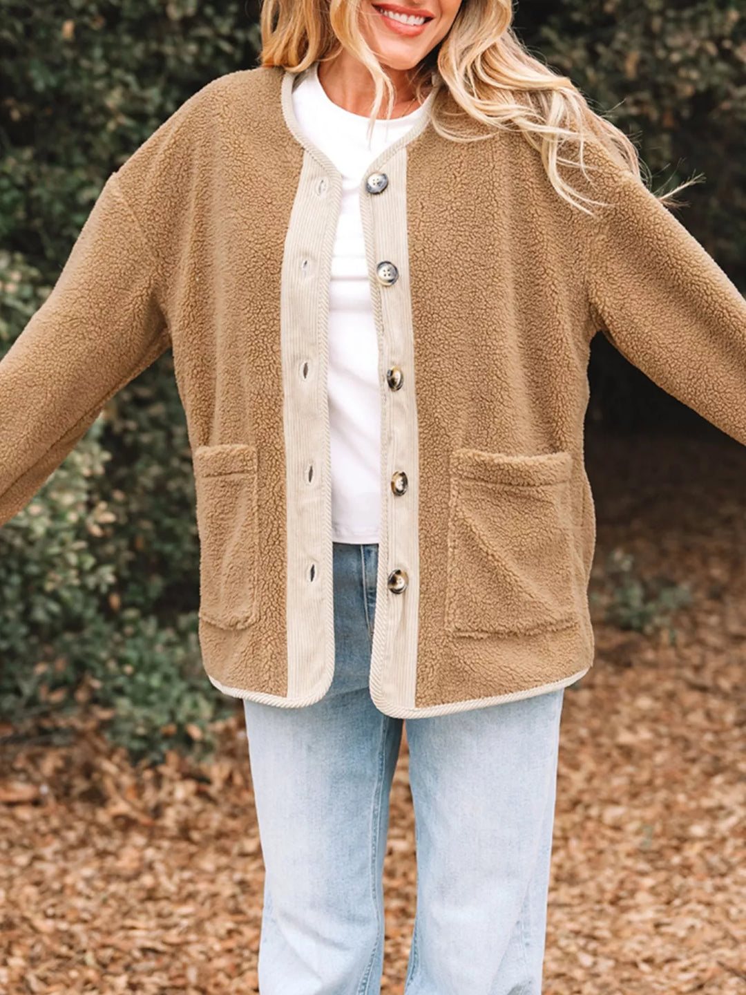 EB | Damen Button-Front Sherpa Teddy Jacke
