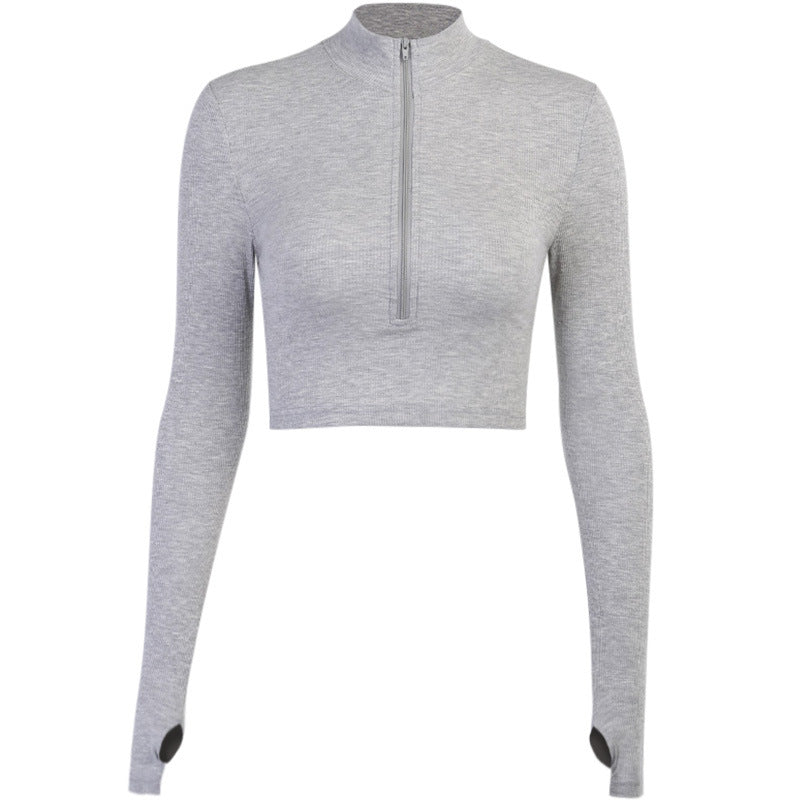 Damen trendiges Crop-Top mit hochgeschlossenem Reißverschluss und langen Ärmeln EB