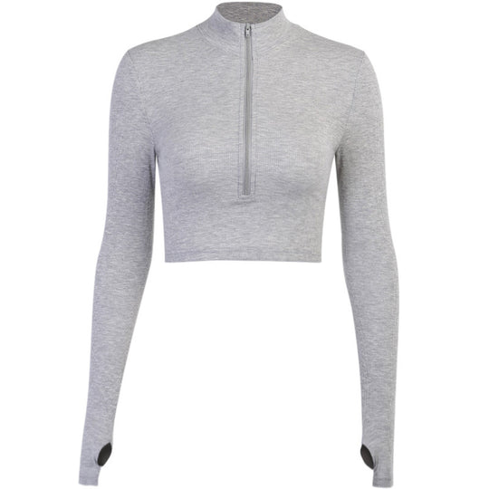 Damen trendiges Crop-Top mit hochgeschlossenem Reißverschluss und langen Ärmeln EB