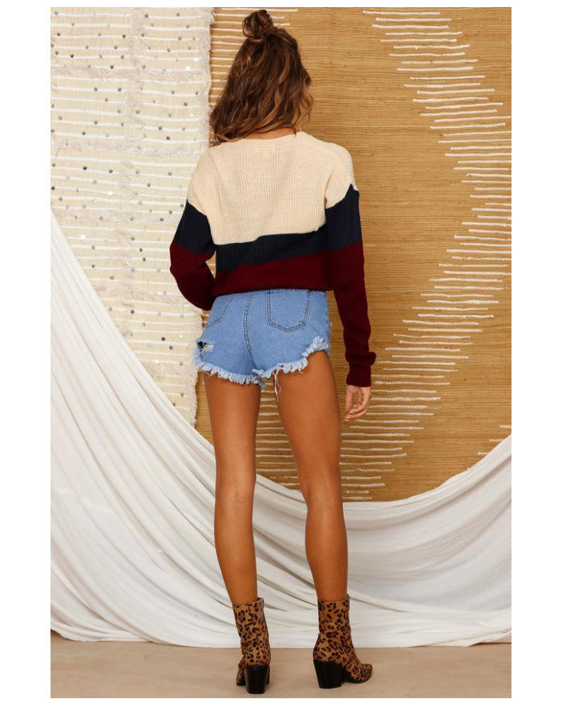 Damen Strickpullover mit modischem Blockstreifenmuster EB