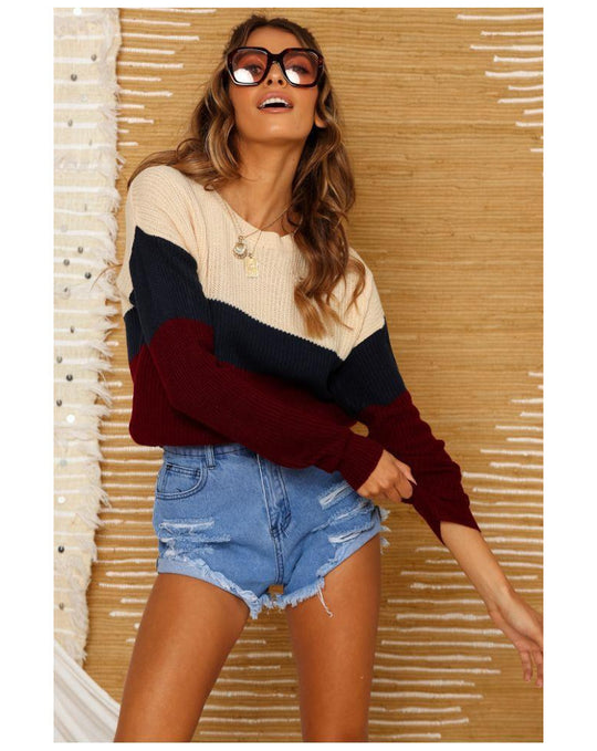 Damen Strickpullover mit modischem Blockstreifenmuster EB