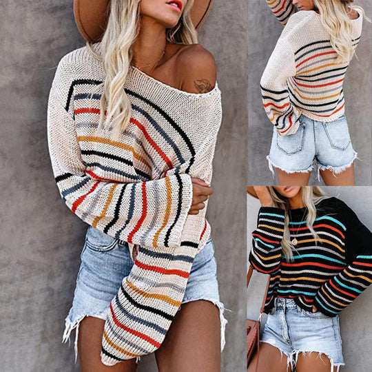 Damen Off-Shoulder Strickpullover mit buntem Streifenmuster EB