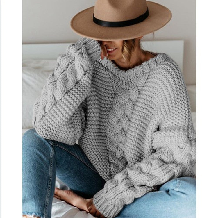 Damen Grobstrickpullover mit elegantem Zopfmuster und weitem Schnitt EB