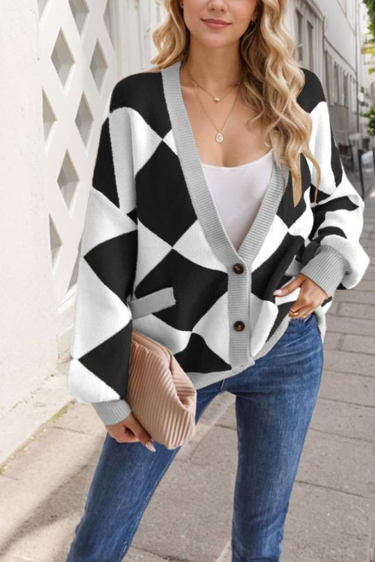 EB | Hals Diamantstich Kontrastfarbe Lockere Gestrickte Cardigan Jacke für Frauen