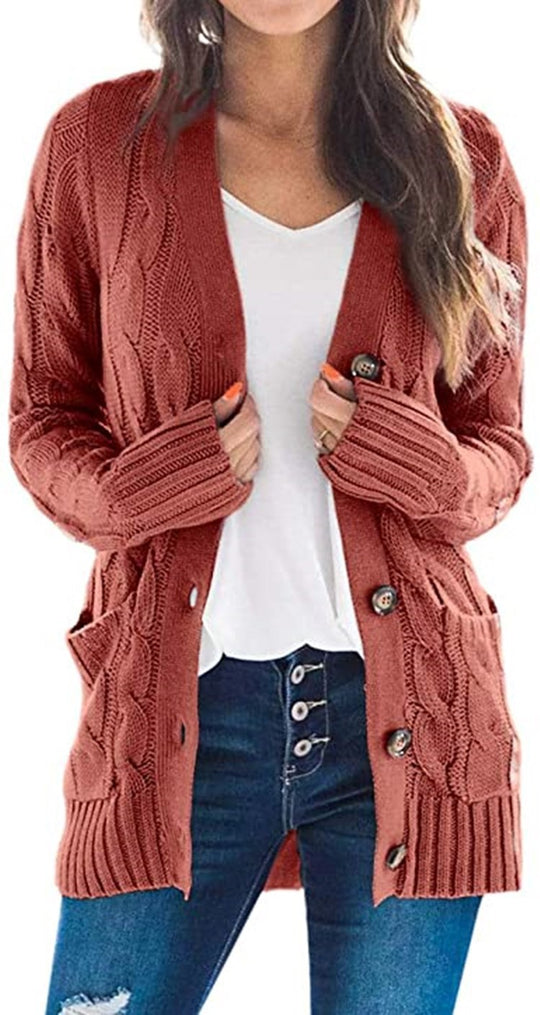 Damen Grobstrickjacke mit seitlichen Taschen und attraktivem Zopfmuster EB