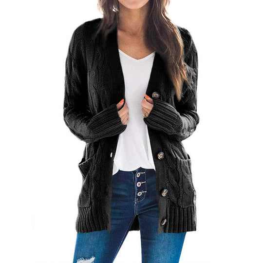 Damen Grobstrickjacke mit seitlichen Taschen und attraktivem Zopfmuster EB