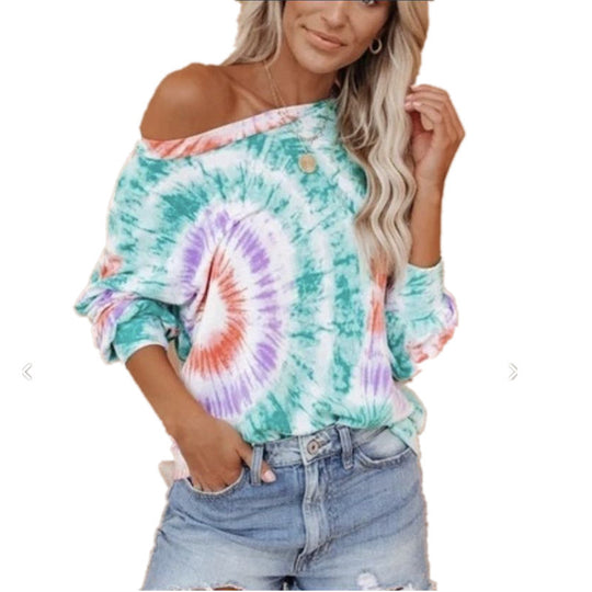 Damen lässiges und stylisches Off-Shoulder Sweatshirt im Tie-Dye-Design EB