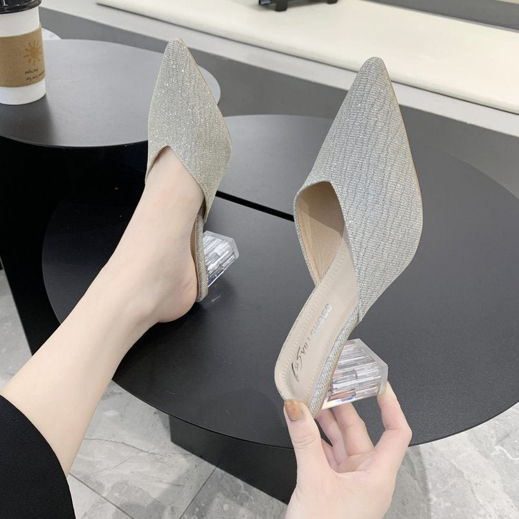 Damen elegante Mules mit transparentem Blockabsatz EB