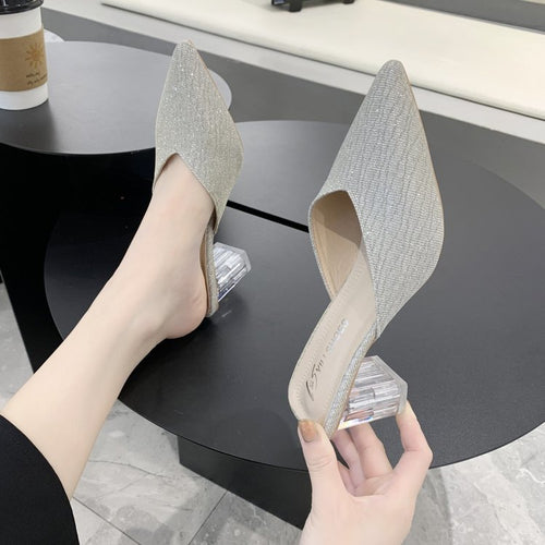 Damen elegante Mules mit transparentem Blockabsatz EB