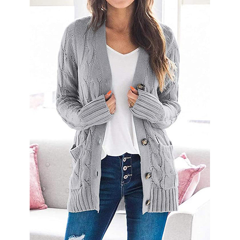 Damen Grobstrickjacke mit seitlichen Taschen und attraktivem Zopfmuster EB
