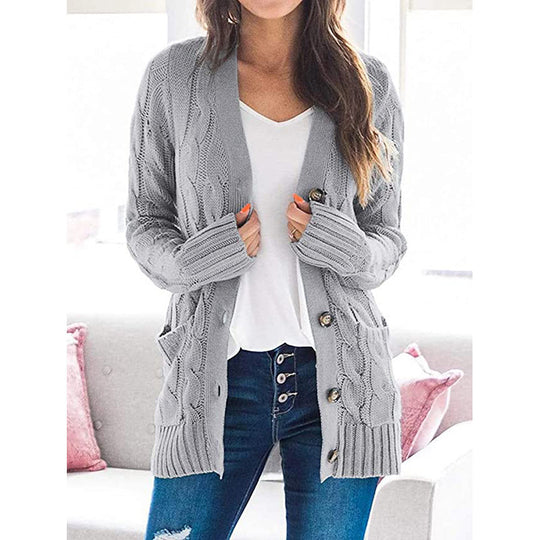 Damen Grobstrickjacke mit seitlichen Taschen und attraktivem Zopfmuster EB