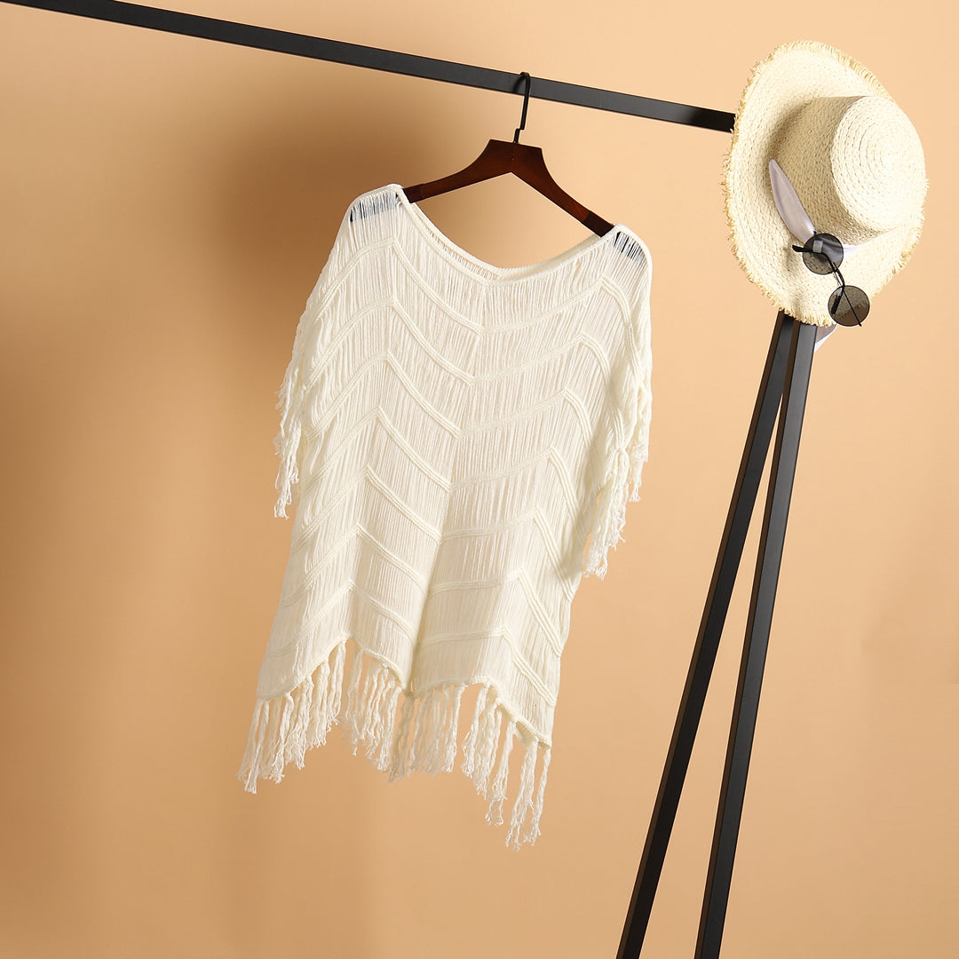 Damen luftiger Häkel-Strandponcho mit Fransen und elegantem Design EB