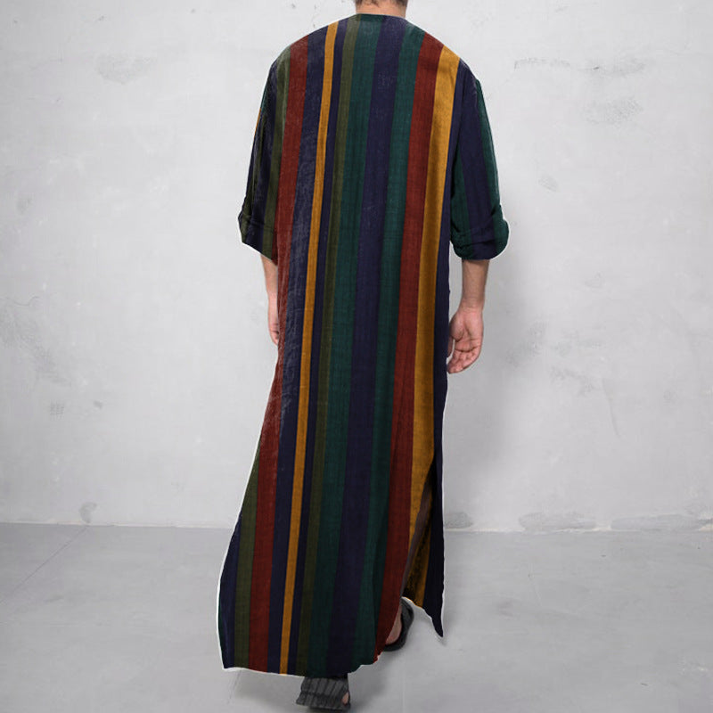 Damen nan lockeres Maxi-Leinenkleid mit durchgehender Knopfleiste Rundhalsausschnitt und aufgesetzten Taschen EB