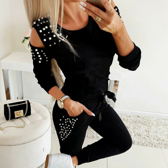 Damen eleganter Freizeitanzug mit schicken Cut-Outs und perlverzierten Ärmeln EB