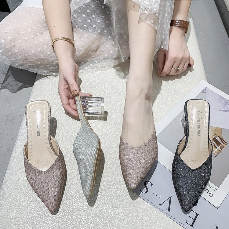 Damen elegante Mules mit transparentem Blockabsatz EB