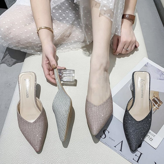 Damen elegante Mules mit transparentem Blockabsatz EB