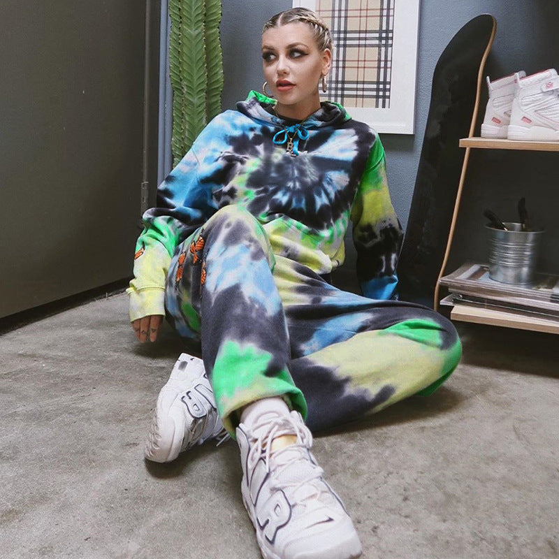 Damen Kapuzenanzug mit buntem Batikmuster und floralen Applikationen EB