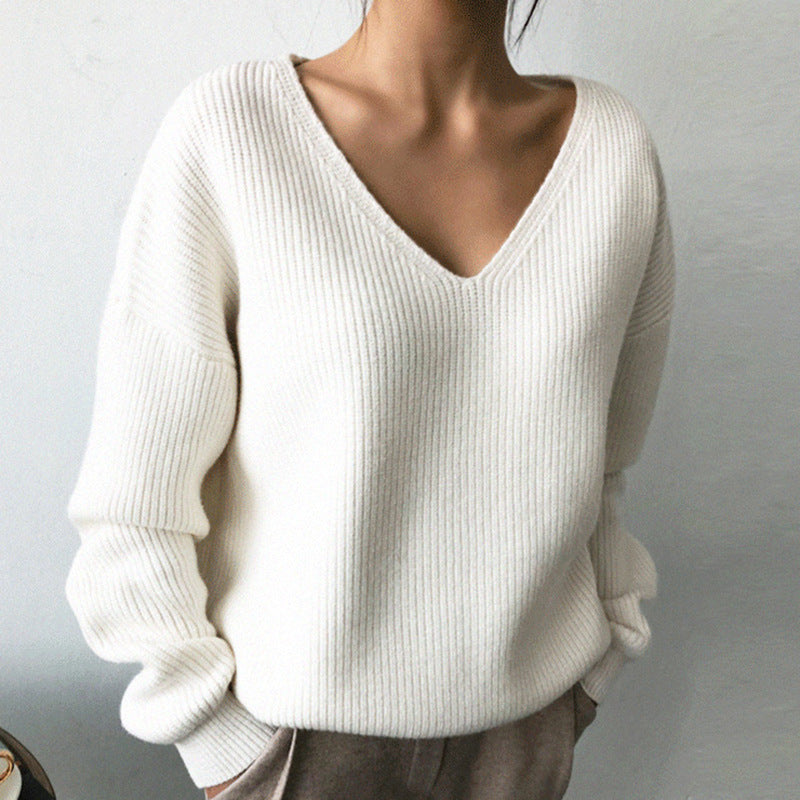 Damen eleganter V-Ausschnitt Strickpullover mit strukturiertem Design EB