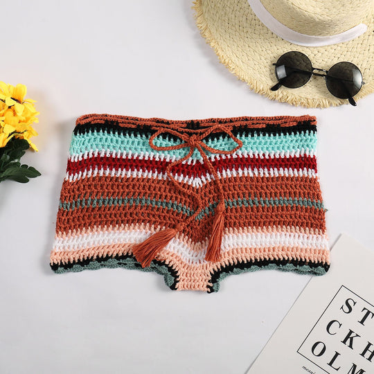 Damen Häkelstrandshorts mit verstellbarem Bund und einzigartigem Streifenmuster EB