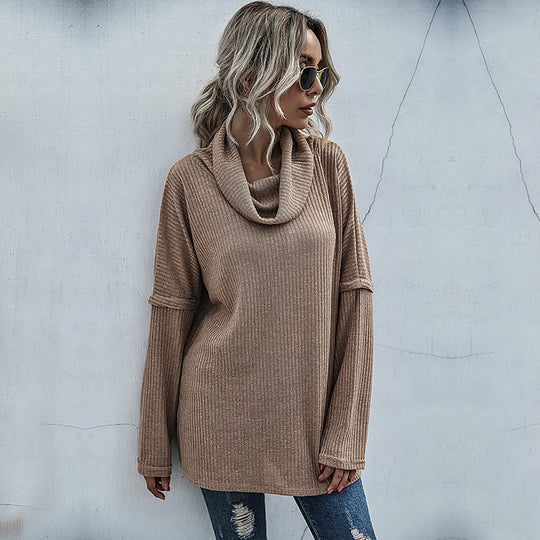 Damen modischer Oversized Pullover mit weitem Kragen und Rippstruktur EB