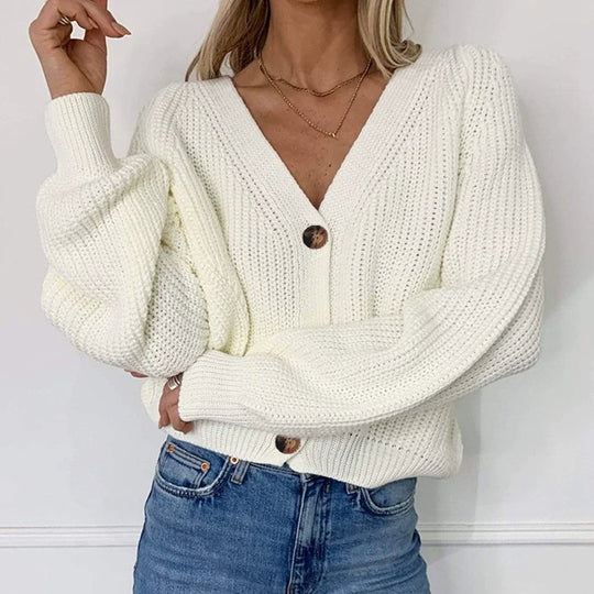 EB | Cardigan-Jacke Grobstrick Relaxed Fit V-Ausschnitt Knopf-Front Rippenbund