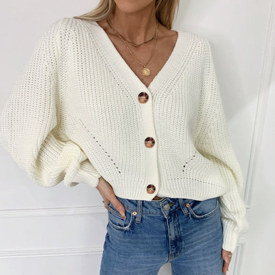 Damen Strickjacke mit tiefem V-Ausschnitt und großen Knöpfen EB