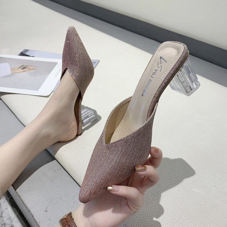 Damen elegante Mules mit transparentem Blockabsatz EB
