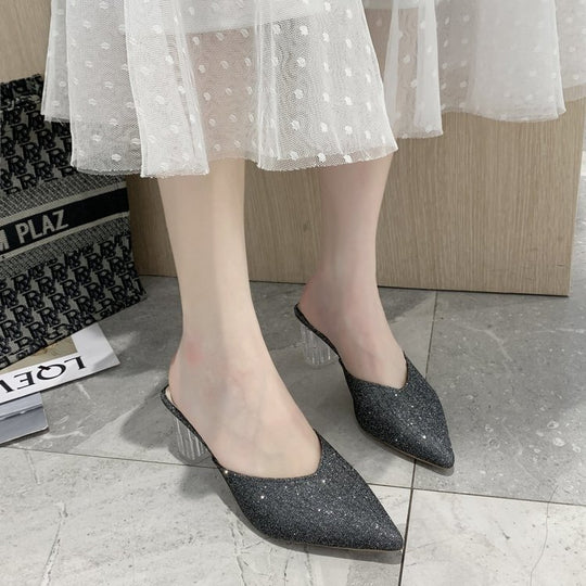 Damen elegante Mules mit transparentem Blockabsatz EB