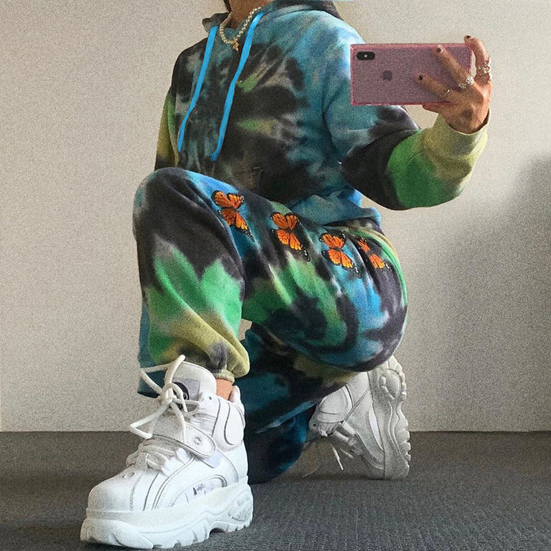 Damen Kapuzenanzug mit buntem Batikmuster und floralen Applikationen EB