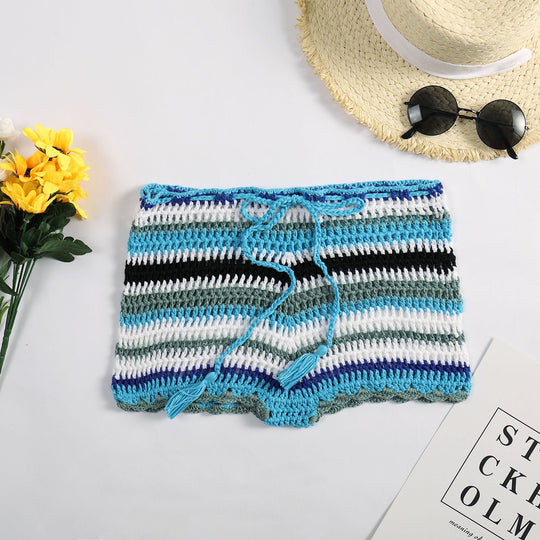 Damen Häkelstrandshorts mit verstellbarem Bund und einzigartigem Streifenmuster EB