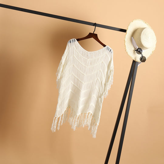 Damen luftiger Häkel-Strandponcho mit Fransen und elegantem Design EB