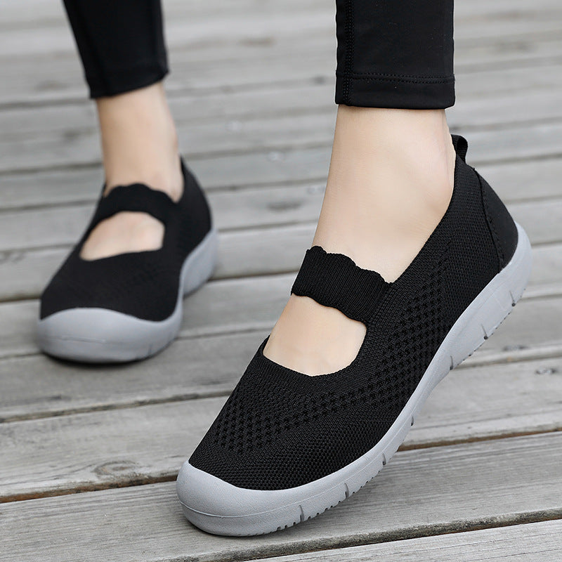 Damen nan elastischer Komfort-Ballerina mit welligem Riemen atmungsaktivem Strickoberteil und flexibler Profillaufsohle EB
