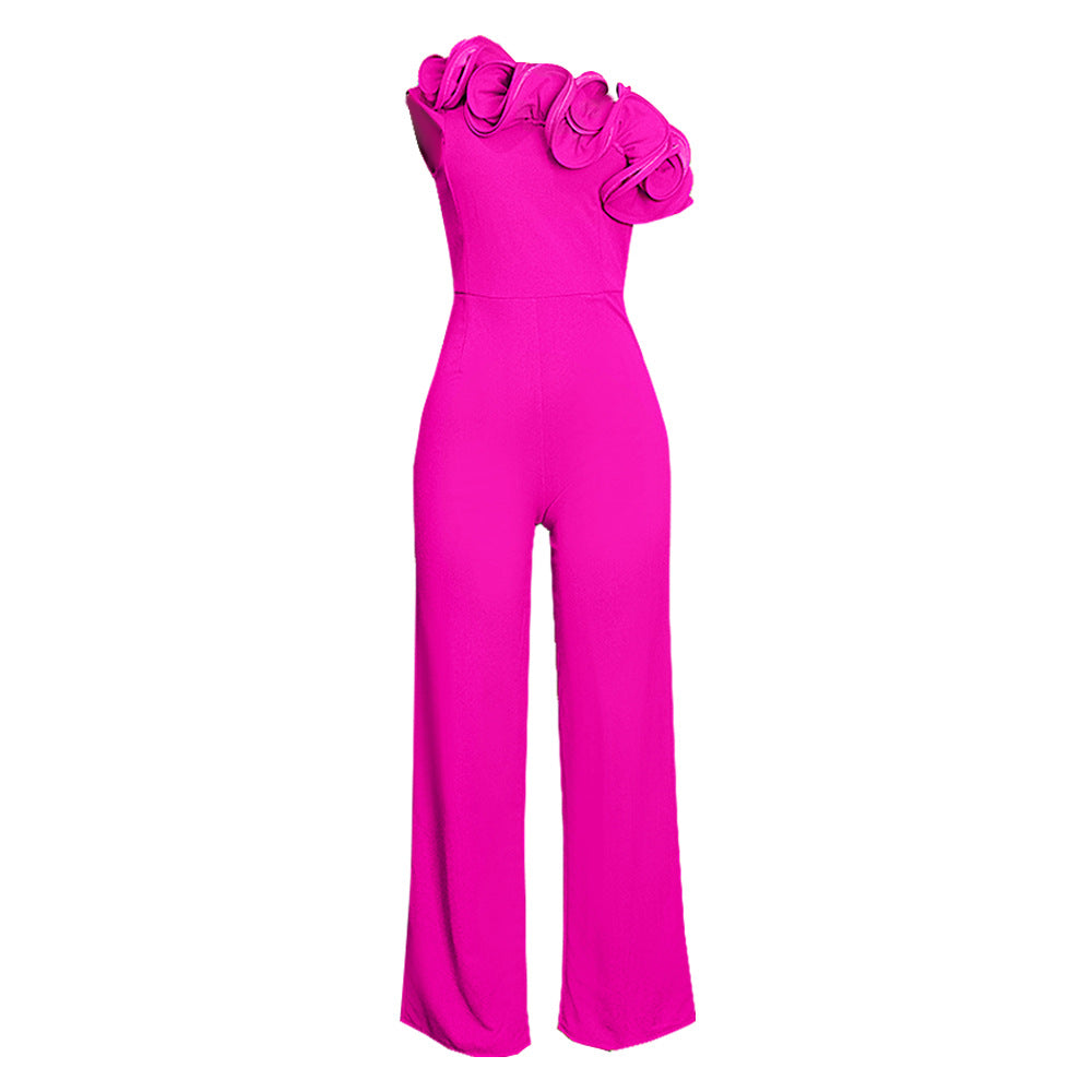 Damen eleganter Jumpsuit mit asymmetrischem Schnitt und voluminösen Rüschendetails EB