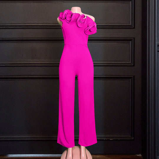 Damen eleganter Jumpsuit mit asymmetrischem Schnitt und voluminösen Rüschendetails EB