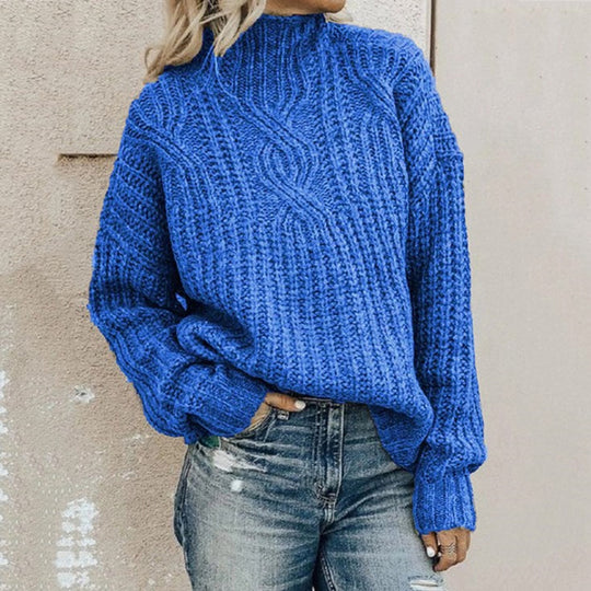 Damen Grobstrickpullover mit hohem Kragen und Zopfdetails EB