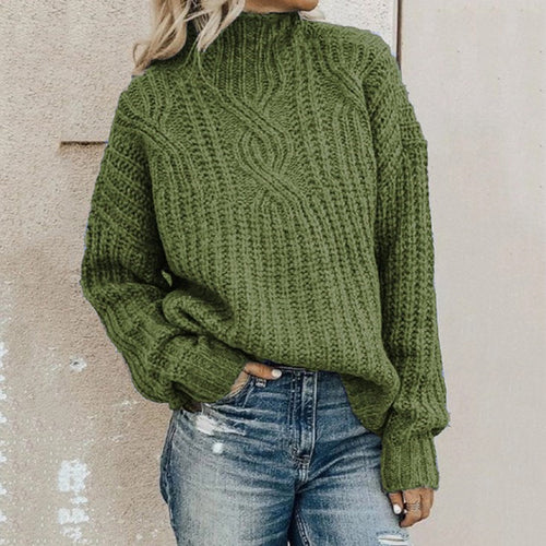 Damen Strickpullover mit hohem Kragen und Zopfmuster EB