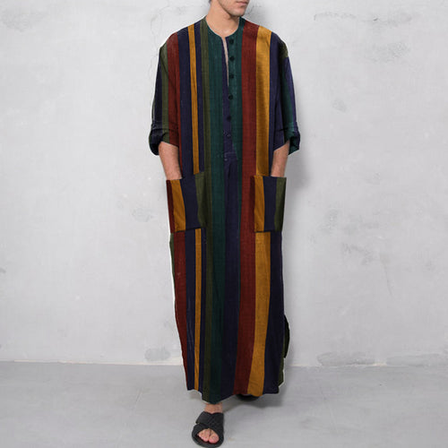 Damen nan lockeres Maxi-Leinenkleid mit durchgehender Knopfleiste Rundhalsausschnitt und aufgesetzten Taschen EB