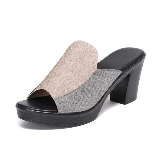 Damen Wedge-Pantoletten mit funkelndem Obermaterial und komfortablem Blockabsatz EB