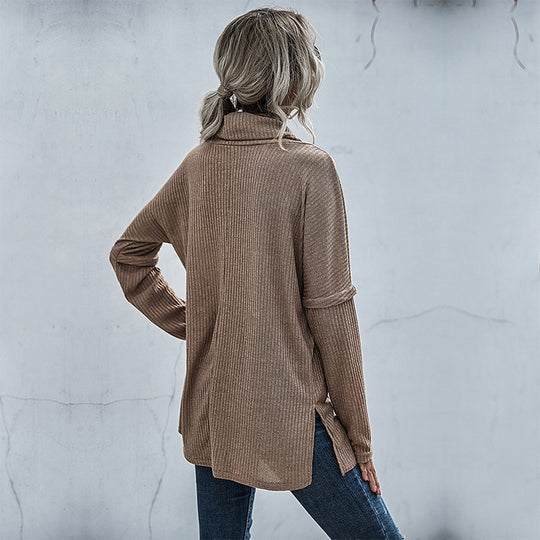 Damen modischer Oversized Pullover mit weitem Kragen und Rippstruktur EB
