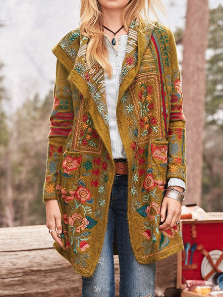 Damen kunstvoll bestickte Strickjacke mit Kapuze und Taschen EB