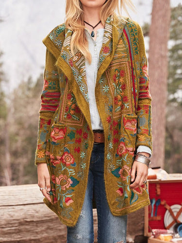 Damen kunstvoll bestickte Strickjacke mit Kapuze und Taschen EB