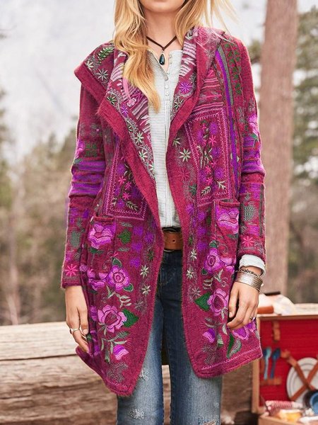 Damen kunstvoll bestickte Strickjacke mit Kapuze und Taschen EB