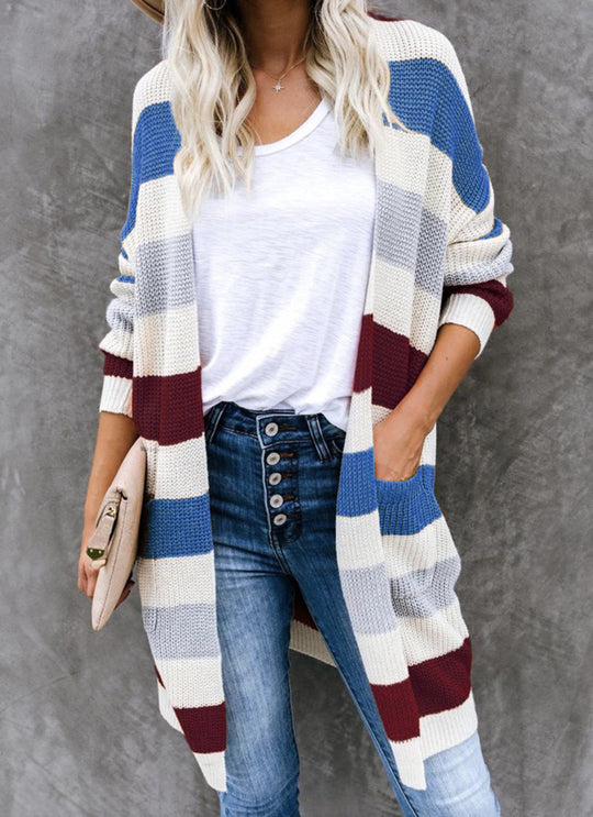 Damen Lässiger Strickmantel mit modernen Streifen und tiefen Taschen EB